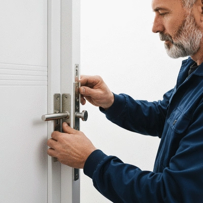 Serrurier expert installant une serrure multipoint sur une porte d'entrée