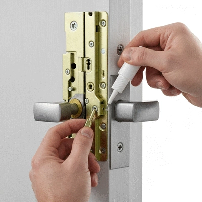Personne lubrifiant une serrure multipoint pour l'entretien