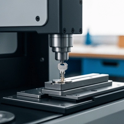 Modern key duplication machine with a complex key being scanned