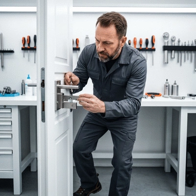 Professional locksmith inspecting a door lock