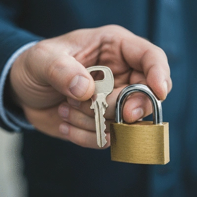 Gros plan sur une main de serrurier tenant une clé et un cadenas, symbolisant la sécurité et la rapidité d'intervention