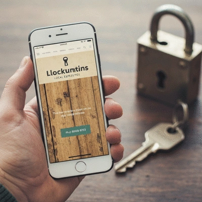 Hand holding a smartphone displaying a locksmith's contact information, with a key and lock in the background, symbolizing choosing a reliable locksmith