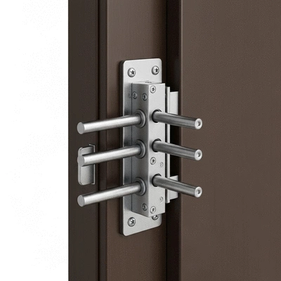 Close-up of a modern 5-point door lock mechanism, showing multiple bolts extended, against a secure door frame